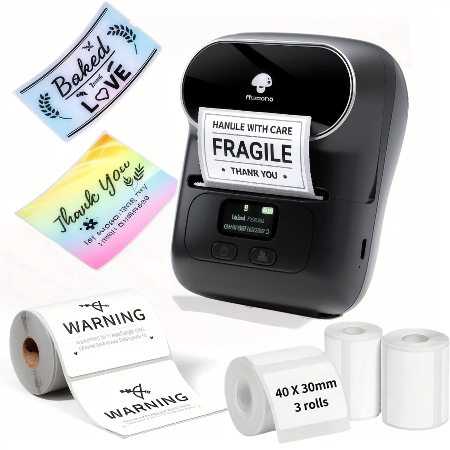 Phomemo M110 Label Maker Portable Label Printer, Sticker Printer For Small Business, Address, Office, Gift, Picture, Inkless Barcode Label Printer +4 Rolls Thermal Paper（Black）