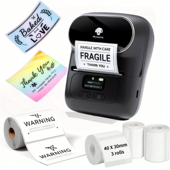 Phomemo M110 Label Maker Portable Label Printer, Sticker Printer For Small Business, Address, Office, Gift, Picture, Inkless Barcode Label Printer +4 Rolls Thermal Paper（Black）