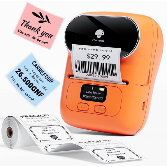 Phomemo M110 Label Printer - Portable Bluetooth Address Label Maker for Small Business, Barcode & Retail, Compatible with Phones & PC (Orange)