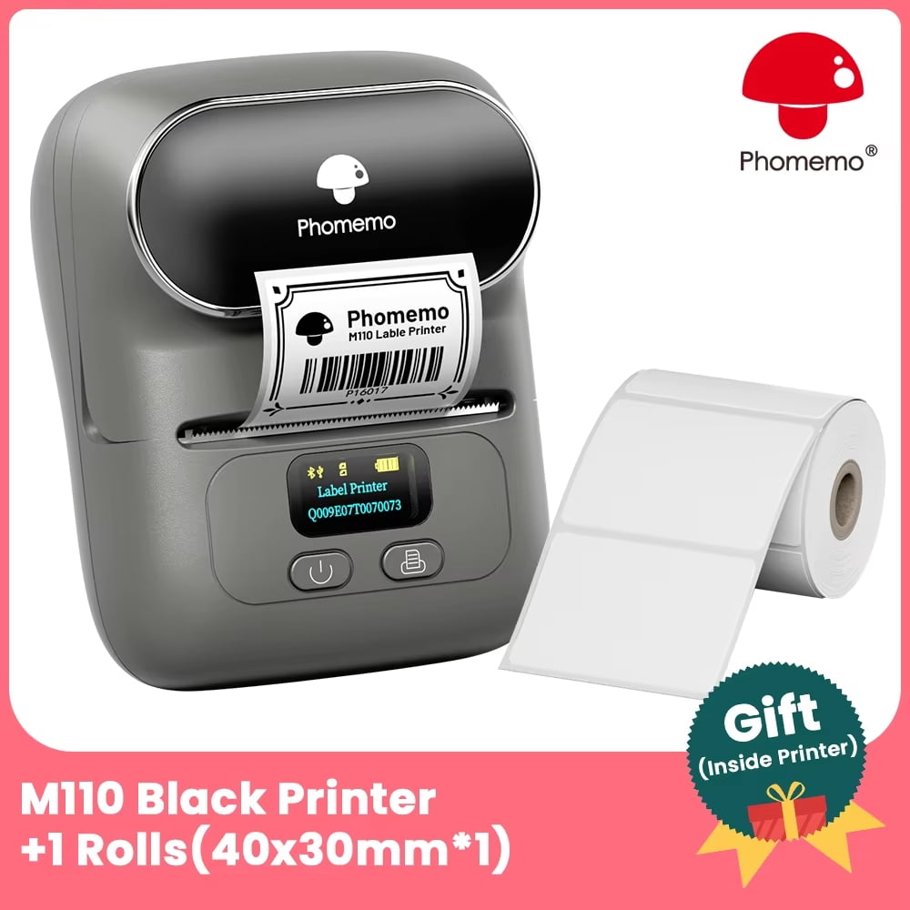 Phomemo M110 Portable Thermal Label Printer, Mini Barcode Sticker Printer for Business, School, Cable & Office Organization