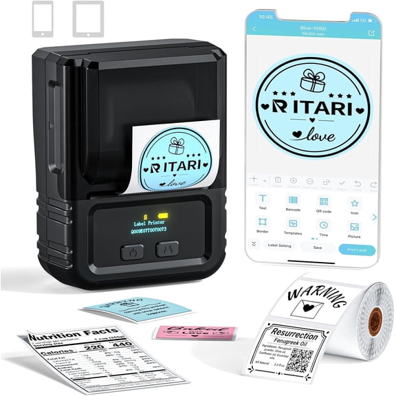 Phomemo M120 Portable Bluetooth Label Maker Thermal Barcode Label Printer Effortlessly Print 2 Inch 50mm Organize Barcodes for Retail, Small Business and More Compatible with Android iOS PCBlack