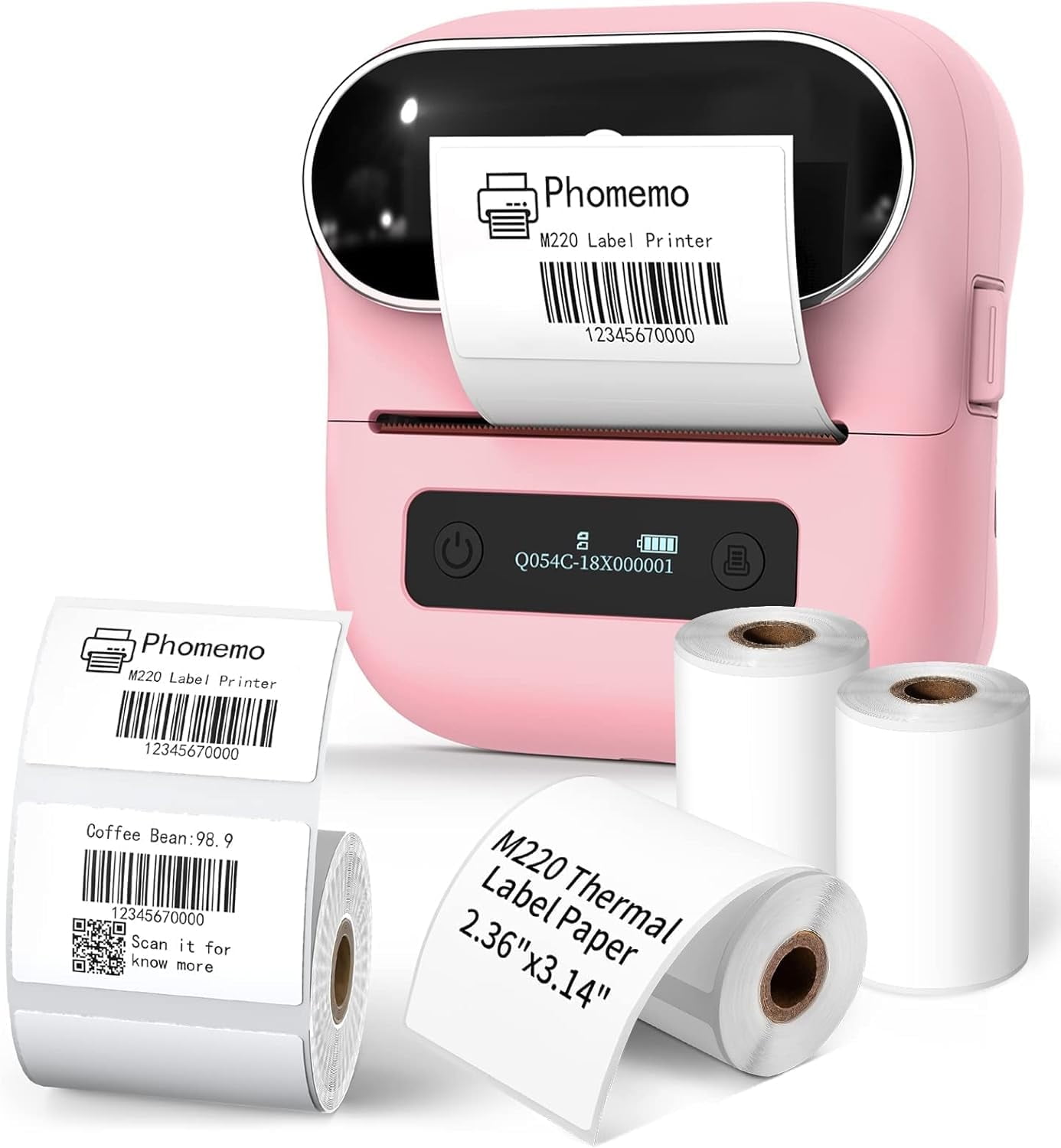 Phomemo M220 3.14 Inch Portable Bluetooth Thermal Label Maker - Support 20-80mm Width Label for Clothing, Mailing, and Address Labels - Compatible with Phone and Laptop (Pink)