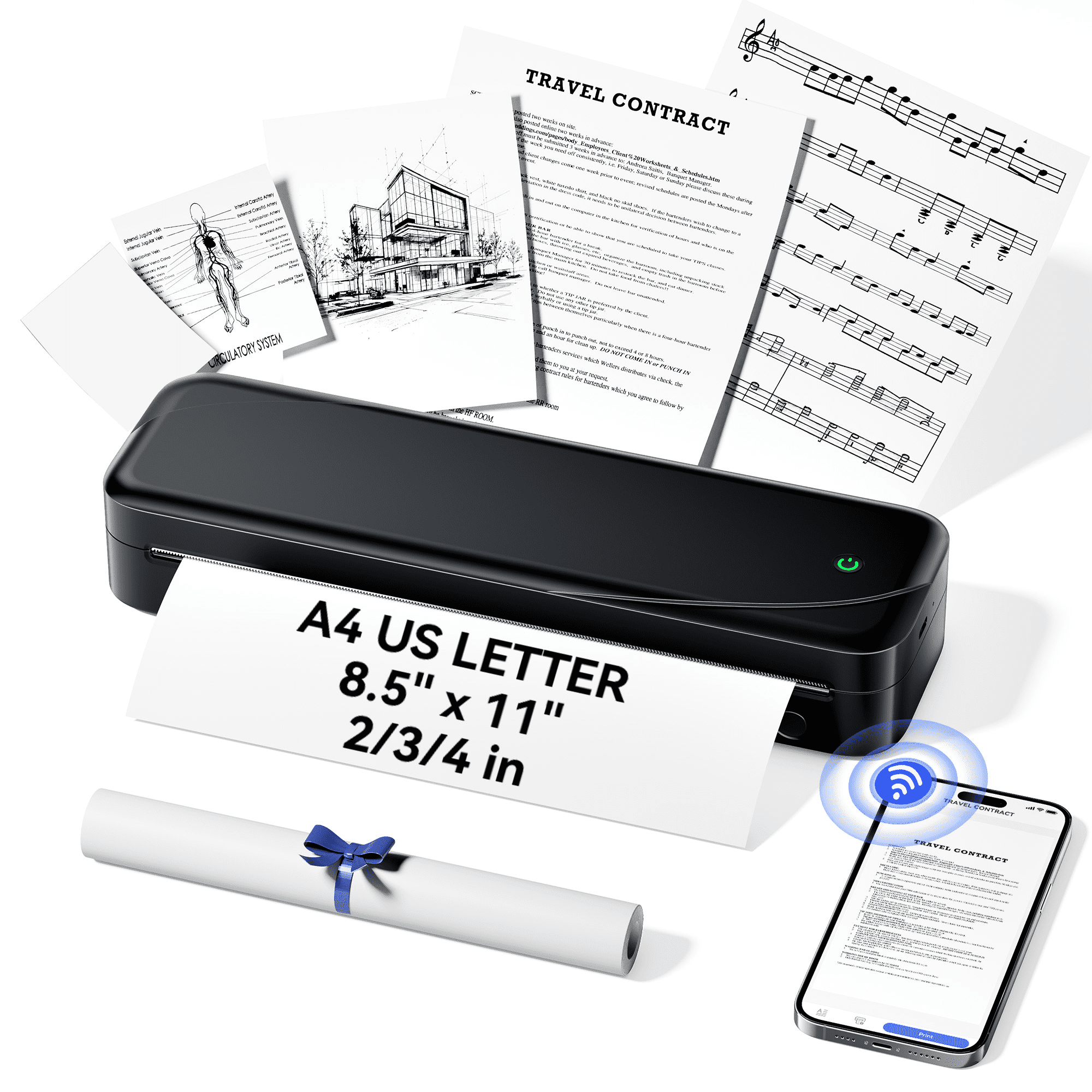 Phomemo M833 Wireless Thermal Printer, 304DPI Portable Printer, Compatible with Smartphones, Pads And Computers, Support 8.5'' X 11'' US Letter & A4, Inkless Mobile Printer for Travel, Office, School