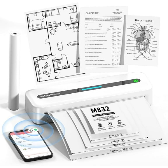 Portable Printers Wireless, M832 Bluetooth Thermal Printer, Inkless Mobile Printer Support 8.5'' x 11'' & A4 Thermal Paper, Compatible with iPhone Android Laptop for Office Car Home