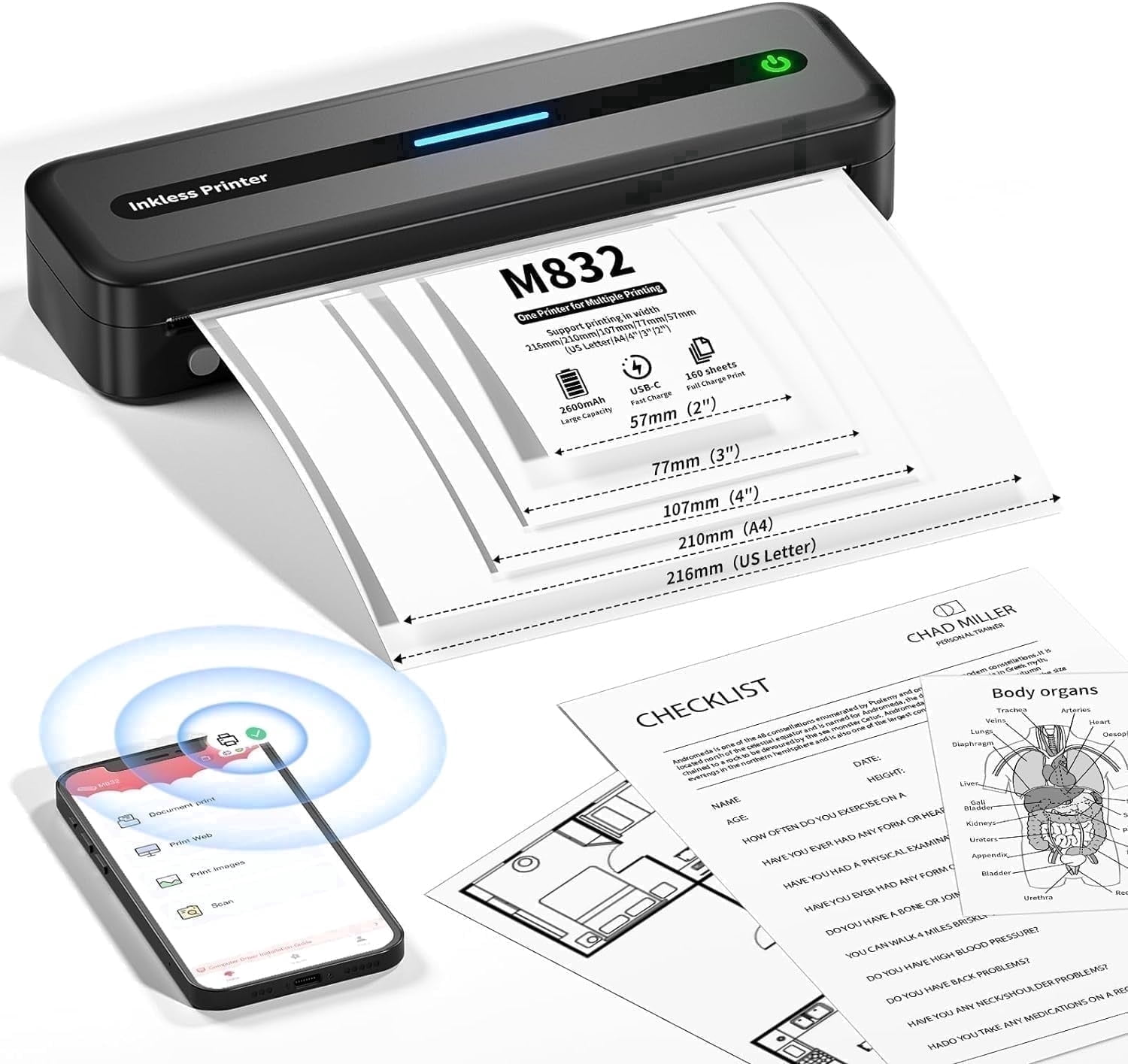 Portable Printers Wireless, M832 Bluetooth Thermal Printer, Inkless Mobile Printer Support 8.5'' x 11'' & A4 Thermal Paper, Compatible with iPhone Android Laptop for Office Car Home