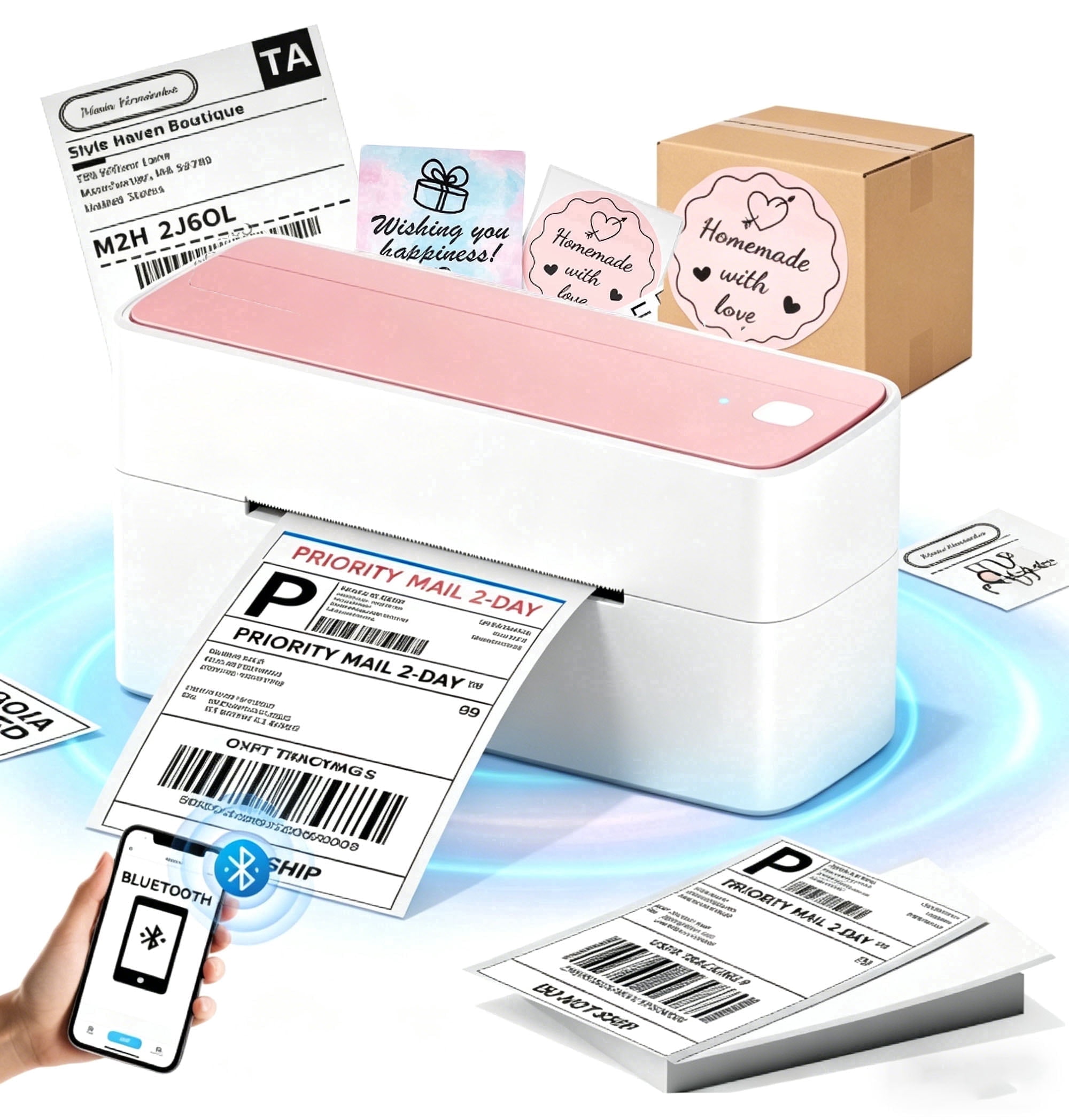 Phomemo Shipping Label Printer - 241BT 4X6 Wireless Thermal Label Printer, Bluetooth Thermal Label Printers for Small Business, Compatible with iPhone, Android, Amazon, Shopify, UPS（Pink）