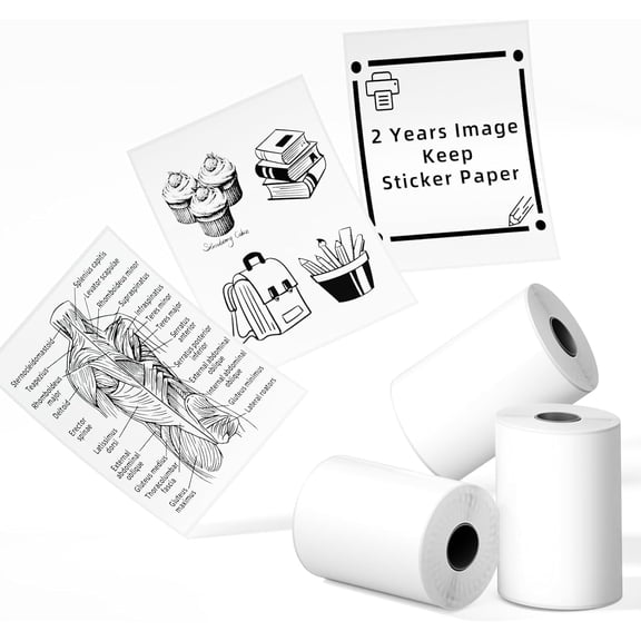 Phomemo T02/M02X/M02L Sticker Paper- Thermal Paper for Study Notes, Photo, DIY, Stickers, 2 Years Black on White Sticky Paper 50mm x 3.5m, 3 Rolls