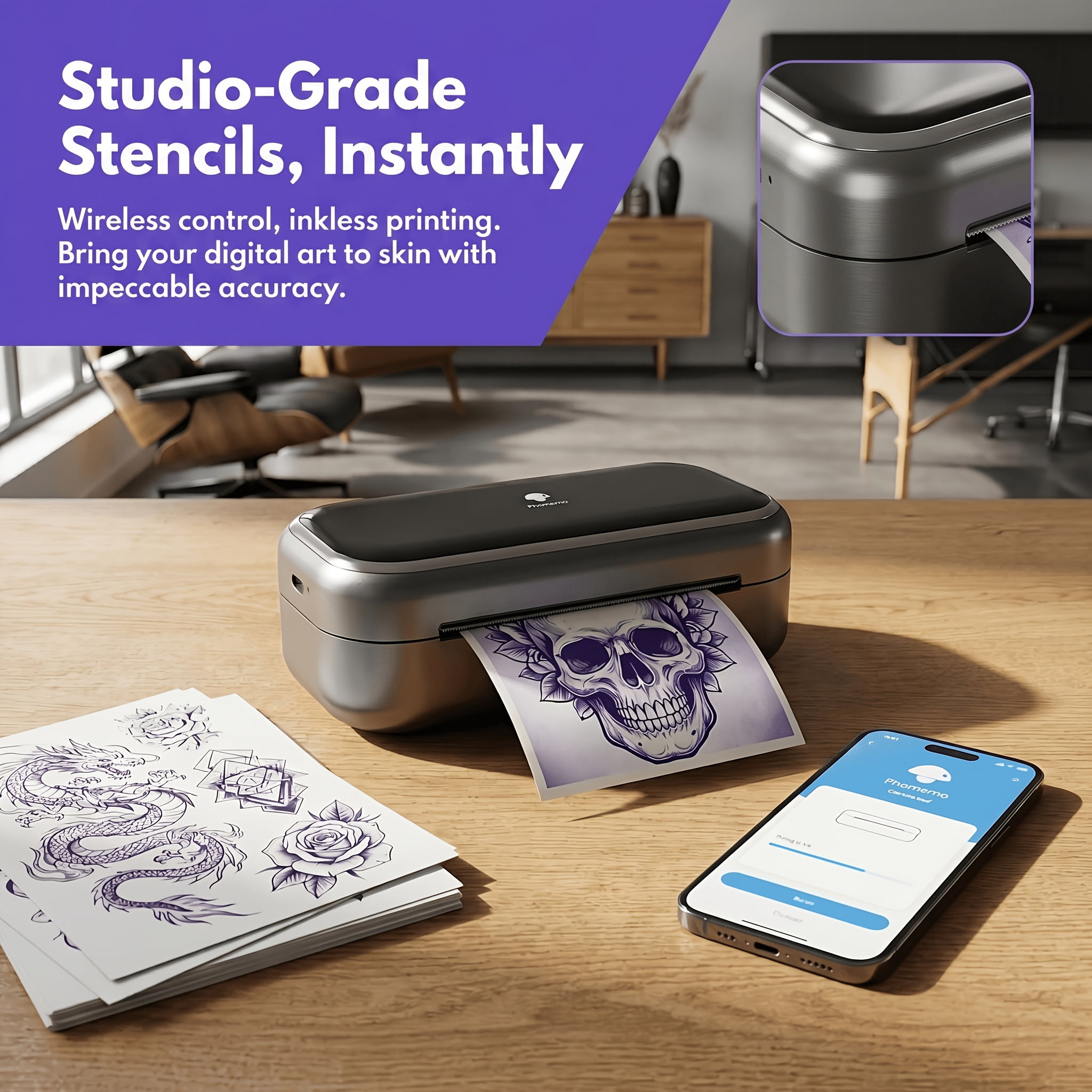 Phomemo TP31 Tattoo Stencil Printer - Wireless connection, thermal technology ink-free printing, comes with 130 sheets of paper, suitable for beginners and tattoo artists,