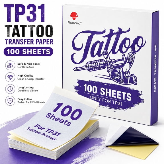 Phomemo TP31 Tattoo Transfer Paper - 100 PCS Only For TP31 Tattoo Machines Printer, 3.15" x 5.24" Transfer Paper, 100PcsThermal Stencil Paper for Tattoo Transfer Kit Supplies