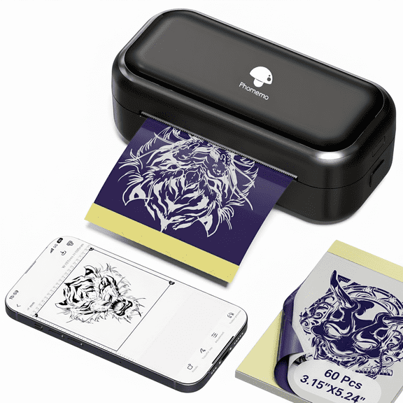 Phomemo TP31 Template Printer, Mini Tattoo Printer With 60 Transfer Sheets Included, Wireless Printing Device, Ideal For Tattoo Beginners And Professional Artists, 203 DPIBlack