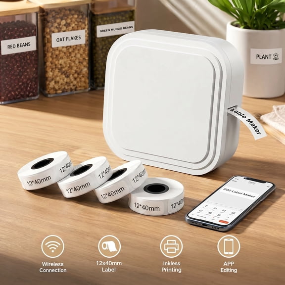 Phomemo Thermal Label Maker D32 Portable Thermal Printer with 4 roll Paper, Intelligent High-Definition Printing, Multiple Creative Templates & Functions for Office, Home, School, Notes and Memos