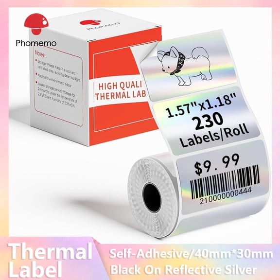 [Phomemo Thermal Labels] 1 Roll Reflective Silver Rectangular Label 40mm X 30mm (1.57" X 1.18") for M110/M100/M220/M221 Ideal for Printing Barcodes/ Mailing/ Signage/ Addresses/ Business/ Home Labels