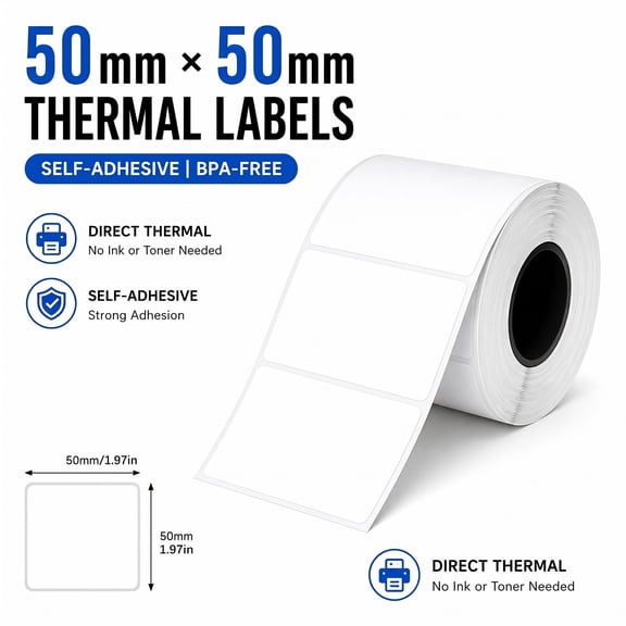 [Phomemo Thermal Labels] 1 Rolls 50mm50mm Square White label, For M110/M100/M220/M221 Rectangular Labels Ideal For Printing Barcodes/ Mailing/ Signage/ Addresses/ Business/ Home Labels