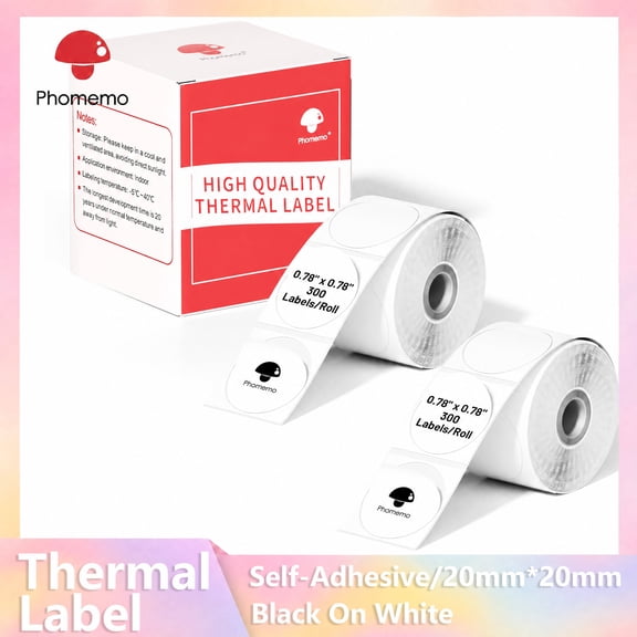 [Phomemo Thermal Labels]2 Rolls 20mm20mm Round White label, For M110/M100/M220/M221 Rectangular Labels Ideal For Printing Barcodes/ Mailing/ Signage/ Addresses/ Business/ Home Labels