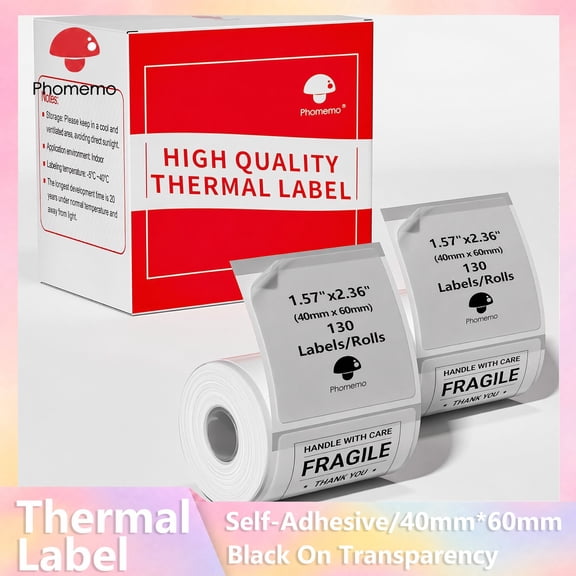 [Phomemo Thermal Labels] 2 Rolls Transparent Rectangular Label 40mm X 60mm (1.57" X 2.36") for M110/M100/M220/M221 Ideal for Printing Barcodes/ Mailing/ Signage/ Addresses/ Business/ Home Labels
