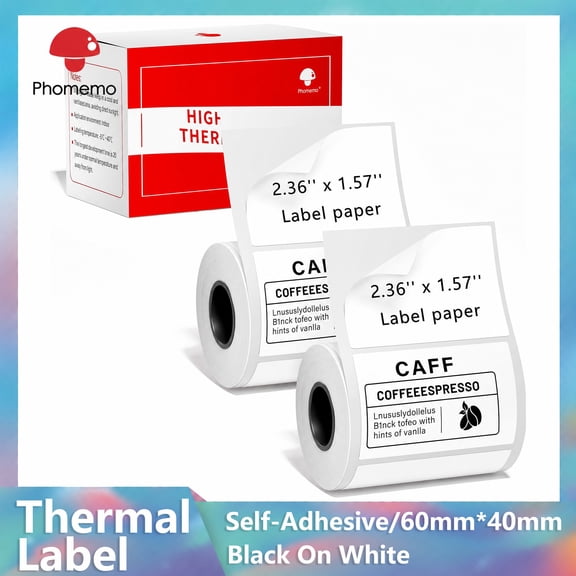 [Phomemo Thermal Labels] 2 Rolls White Rectangular Label 60mm X 40mm (2.36" X 1.57") for M110/M100/M220/M221 Ideal for Printing Barcodes/ Mailing/ Signage/ Addresses/ Business/ Home Labels