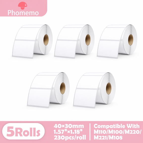 [Phomemo Thermal Labels] 5 Rolls 40mm30mm Square White label, For M110/M100/M220/M221 Rectangular Labels Ideal For Printing Barcodes/ Mailing/ Signage/ Addresses/ Business/ Home Labels