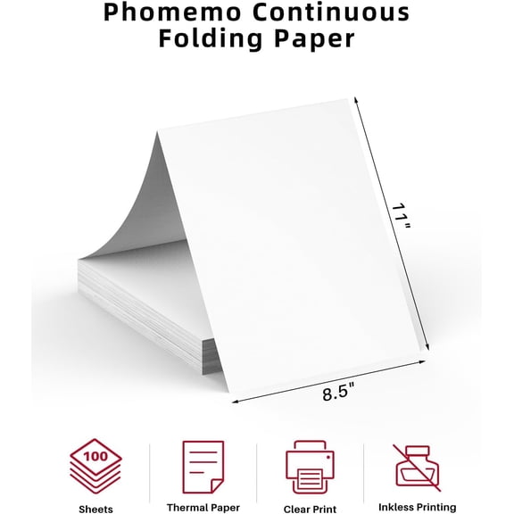 Phomemo US Letter Folding Thermal Paper, 8.5" x 11" Continuous Inkless Thermal Printer Paper, 200 Sheets, Compatible with M08F-Letter, M08D, COLORWING and TATTMUSE Portable Printers
