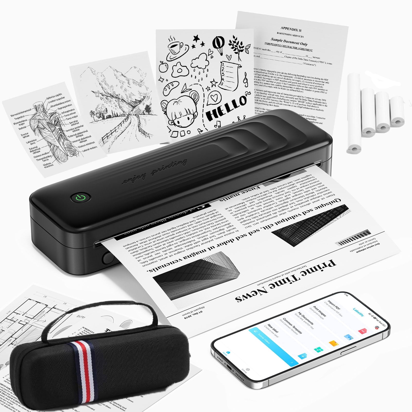 Phomemo Upgraded A281M Portable Printer Wireless– Includes a carrying case, 4 rolls of paper- 8.5" x 11" Portable Inkless Printer, Wireless Bluetooth Thermal Travel Printer for Office School Home
