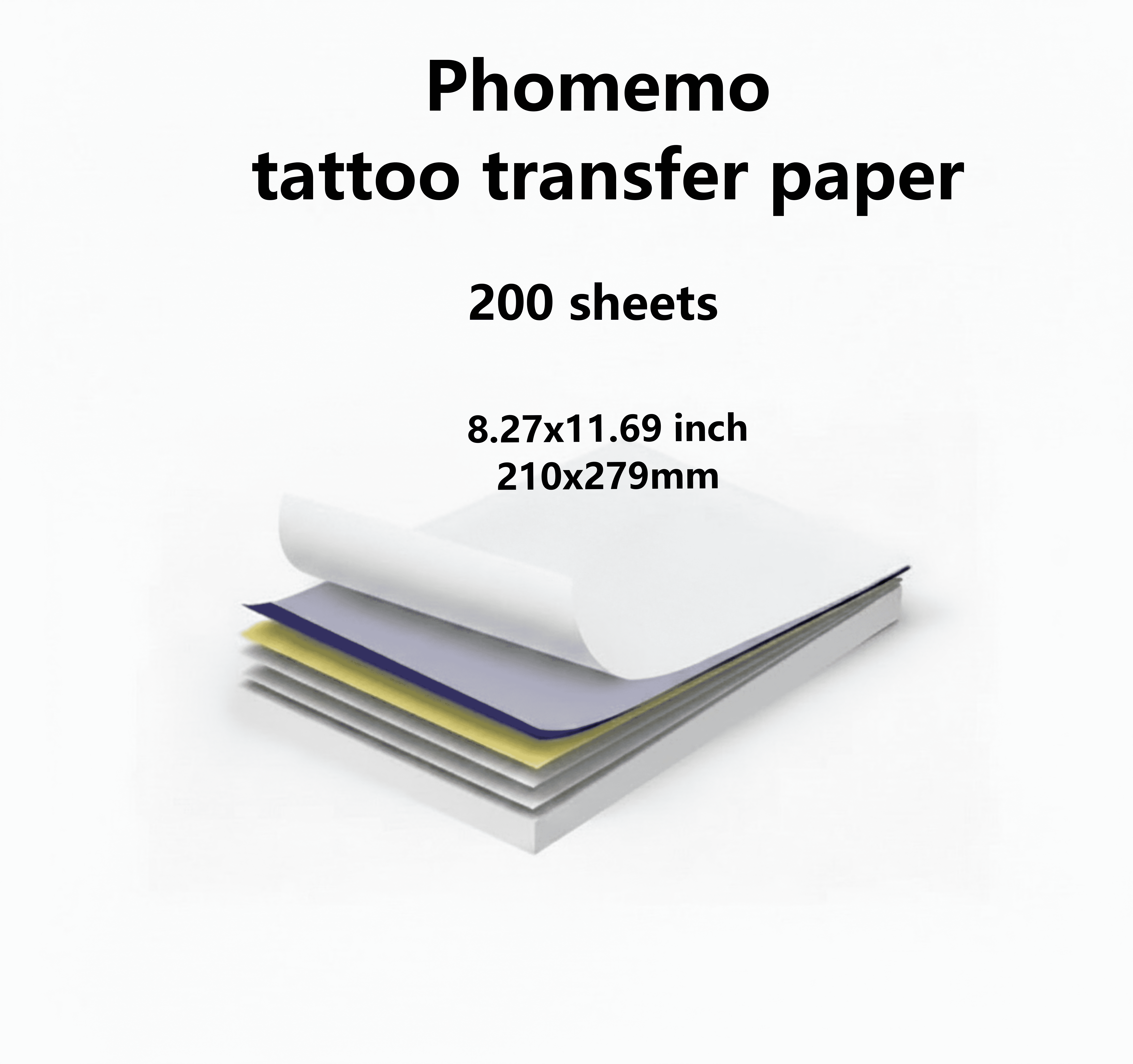 Phomemo tattoo transfer paper, 210x297 mm (8.27x11.69 inches), 200 sheets, compatible with A4 devices A881U/TP88/M08F/A281/A887, suitable for tattoo artists and beginners to create.