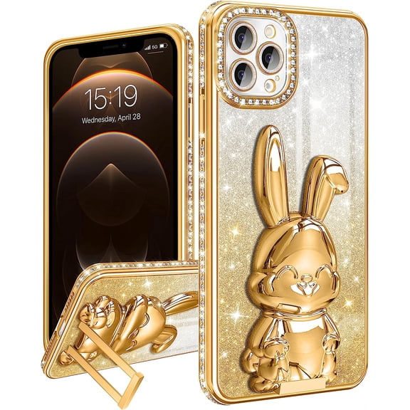 Phone 13 Case Women Cute for Apple Funda Phone Cover Aesthetic Glitter Girls Girly Animal Rhinestone Diamond Design Kawaii Rabbit Stand Kickstand Bling Forro Gold Luxury Estuche Sparkly