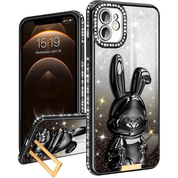 Phone 13 Case Women Cute for Apple Funda Phone Cover Aesthetic Glitter Girls Girly Animal Rhinestone Diamond Design Kawaii Rabbit Stand Kickstand Bling Forro Gold Luxury Estuche Sparkly