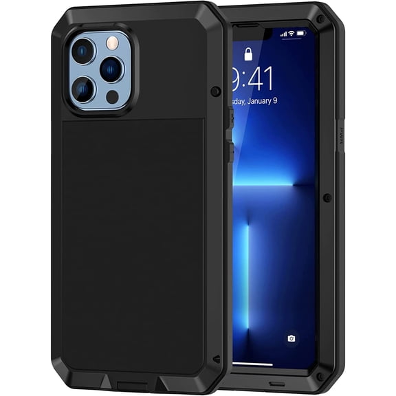 Phone 13 Pro Metal Case, Heavy Duty Shockproof Tough Rugged Case with Built-in Glass Screen Protector, 360 Full Body Protective Cover for iPhone 13 Pro 6.1 inch, Black