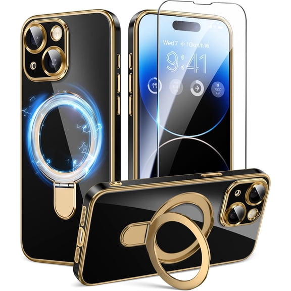 for Phone 14 Case with Magnetic Ring Stand,[Compatible with Magnetic][Full Camera Protection] Shockproof Protective Non-Slip Sturdy Kickstand for Phone 14 Case 6.1'' Black