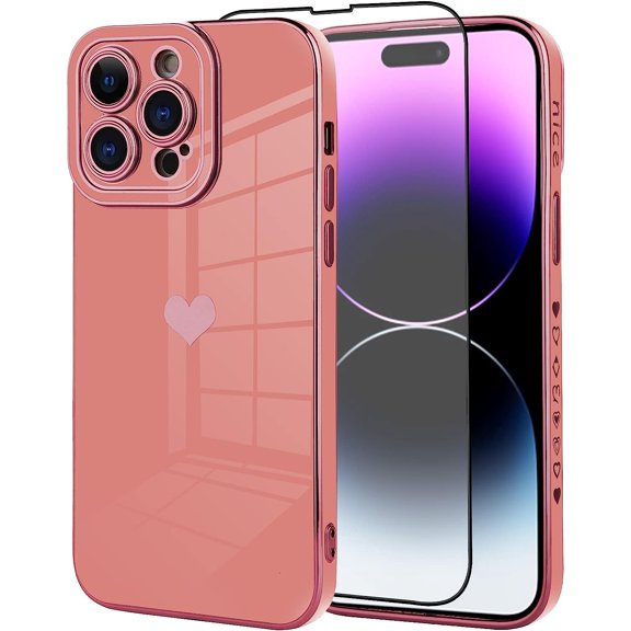 Phone 14 Pro 6.1 Inch Luxury Plating Cute Love Heart Cover with Screen Protector Fun Cute Side Pattern Soft TPU Shockproof Full Camera Lens Protection Electroplated Case - Pink
