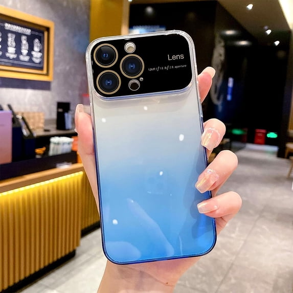 for Phone 14 Pro Max Case Gradient Crystal Case, Wide Lens Camera Protection Clear Back Cover with Screen Protector Shockproof Cover for Girls Women -Blue