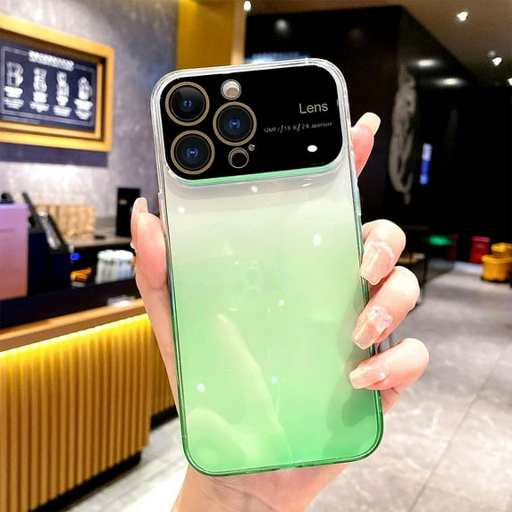 for Phone 14 Pro Max Case Gradient Crystal Case, Wide Lens Camera Protection Clear Back Cover with Screen Protector Shockproof Cover for Girls Women -Green