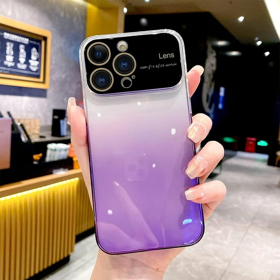 for Phone 14 Pro Max Case Gradient Crystal Case, Wide Lens Camera Protection Clear Back Cover with Screen Protector Shockproof Cover for Girls Women -Purple