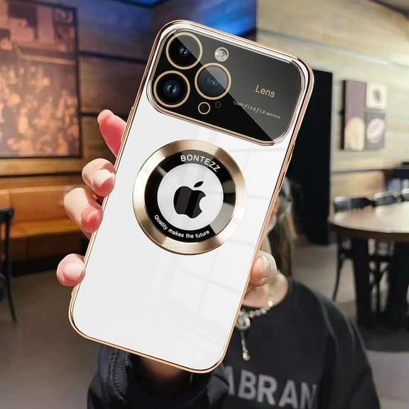 for Phone 14 Pro Max Case Magnetic Plating Case, 【Support for Magsafe】 Wide Lens Camera Protection Luxury Back Cover with Screen Protector Shockproof Electroplating Cover for Girls Women -White