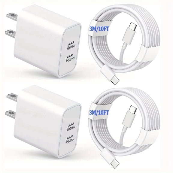 20W+20W Dual USB-C Wall Charger with USB-C to USB-C Cable,2pack Fast Charging Adapter for iPhone 15/16, Samsung Galaxy, Pixel, iPad, AirPods & More