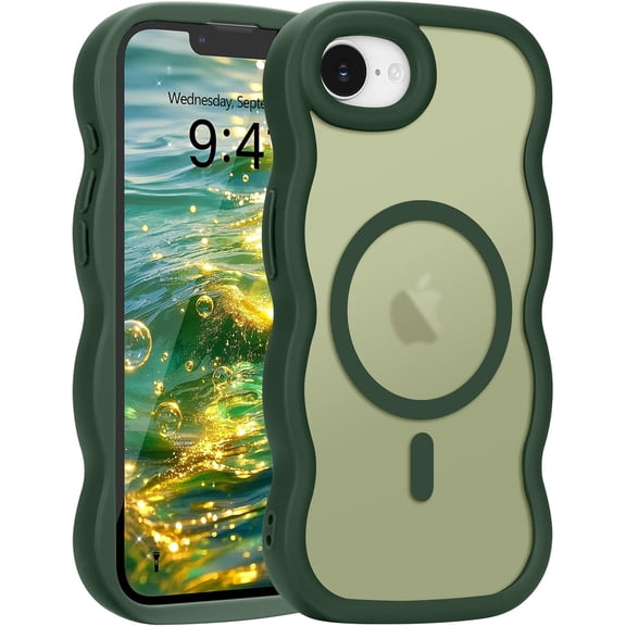 for Phone 16e Case, Curly Wavy Frame Hard Translucent Matte Clear Back Cover for Women Men Compatible with Magsafe TPU Bumper Shockproof Drop Protection Phone Case for Phone 16e, Green