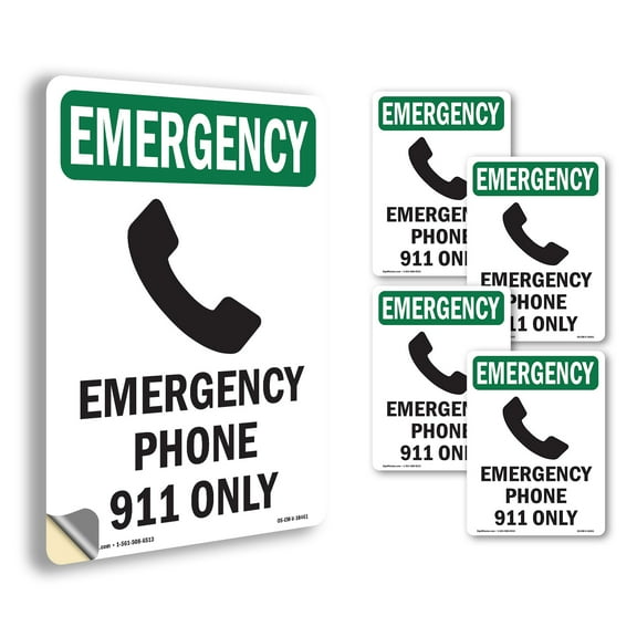 Phone 911 Only With Symbol OSHA Emergency Vinyl Decal Label 5 Inch x 3.5 Inch - 5 Pack