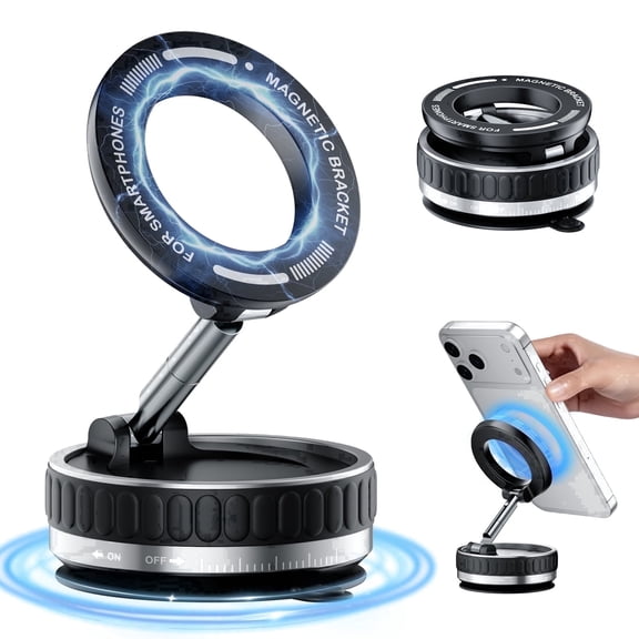 Vacuum Magnetic Phone Holder, 96 LBS Strong Suction, 360° Adjustable Cell Phone Holder for Car Dashboard, Windshield & Screen, Compatible with iPhone 12–17 Pro/Pro Max, Black
