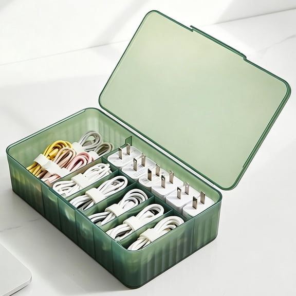 Phone Cable Organizer Box, Clear Divided Storage Case with Lid for Charging Cords and Small Electronics, Desk Bedroom Living Room Clutter Control
