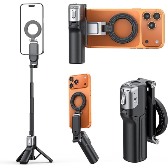 Phone Camera Grip with Selfie Stick Tripod, Cellphone Accessories Detachable Wireless Shutter Button for iPhone 16 17 Pro Max, Comfort Ergonomic Smartphone Handle Holder, Black