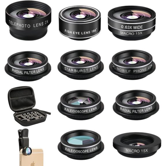 Phone Camera Lens (11 Lenses) Kit, Clip on Fisheye/Macro/Wide Angle Attachment with Travel Case for iPhone 14 13 12 11 Xs X Pro Max Samsung Android Smartphone