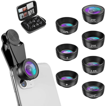 Phone Camera Lens, 210 °Fisheye Lens + 120 °Wide Angle + 25X Macro + 2X Telephoto + Star Lens + CPL + 6 Kaleidoscope 7 in 1 Phone Lens Kit Compatible with iPhone/Samsung/Google Pixel etc