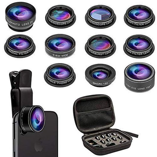 Phone Camera Lens Kit, 11 in 1 Cellphone Lens Kit for iPhone and Android, 0.63X Wide Angle+15X