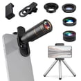 thumbnail image 1 of Phone Camera Lens Kit, External Phone Lens with 22X Telephoto Lens, 205° Fisheye Lens, 0.67X Wide Angle Lens, 25X Macro Lens, Clip & Mini Tripod, Cell Phone Camera for Most Smartphone Camera Models, 1 of 6