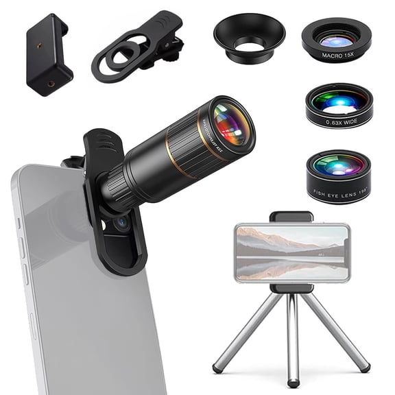 Phone Camera Lens Kit, External Phone Lens with 22X Telephoto Lens, 205° Fisheye Lens, 0.67X Wide Angle Lens, 25X Macro Lens, Clip & Mini Tripod, Cell Phone Camera for Most Smartphone Camera Models