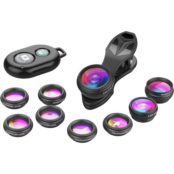 Phone Camera Lens-Macro Lens+Wide Lens+Fisheye Lens+Telephoto Lens+CPL/Flow/Radial/ Filter+Kaleidoscope 3/6 Lens 10 in 1 Lens Kit +Remote Shutter for , , and  Smartphones