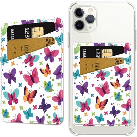 Phone Card Holder Leather Cell Phone Wallet Stick on Adhesive Credit Card Holder Slim Double Pocket Sticker for Back of Phone Case Compatible with Most Phone Colorful Butterfly 3.7x2.5 Inch DIY