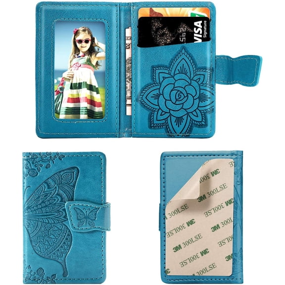 Phone Card Holder RFID Blocking Sleeve, 3D Butterfly Flower Kickstand Pu Leather Back Stick-On Adhesive Credit Cards & Cash Phone Wallet for Most of Smartphones iPhone/Android/Samsung Galaxy-Blue