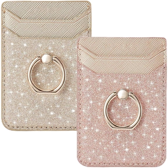 Phone Card Holder Stick on Back of Phone Case, RFID-Blocking Sticky Phone Wallet with Ring Grip Stand, Glitter Adhesive Phone Card Wallet for iPhone, Samsung, Women and Girls