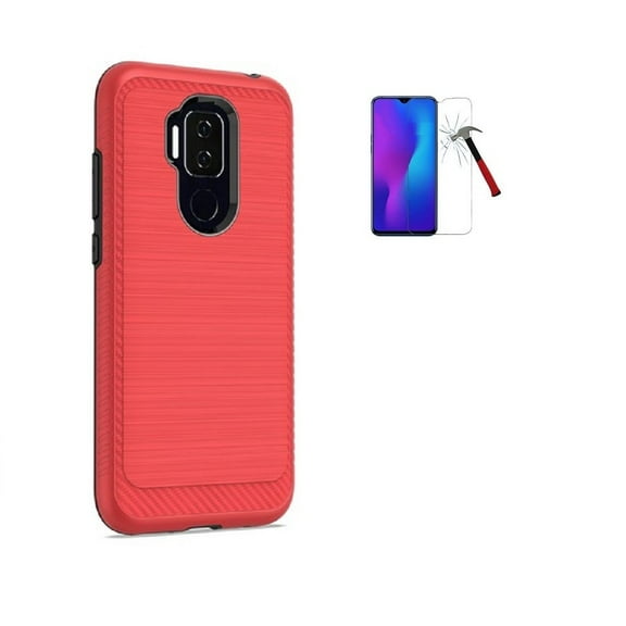 Phone Case for AT&T Maestro Plus / Cricket Influence, Dual Layer Shock Resistant Brushed Texture Protective Cover + Tempered Glass Screen Protector (Red)