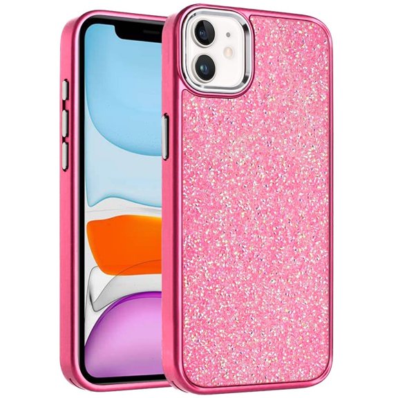 Phone Case for Apple iPhone 11 Crystal Glass Bling Diamond Metallic Edge Shockproof Durable Protective Clear Hybrid Stylish Premium Design Cover [Hotpink]